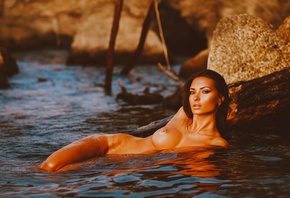 Alexey Zinin, women outdoors, model, brunette, boobs, nipples, rocks, water ...