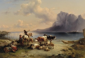 Friedrich Gauermann, Austrian, 1852, Shepherds and cattle at lake Attersee