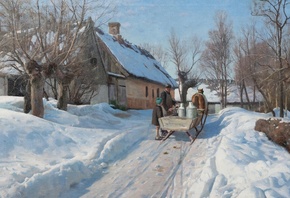 Peder Mork Monsted, Danish, 1929, Winter landscape with a milkman in Hoje Taastrup