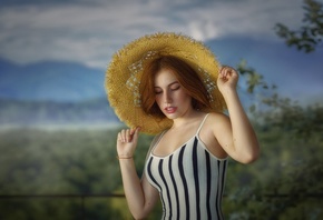 redhead, women, model, striped dress, dress, nature, , sky, , clouds, freckles, straw hat