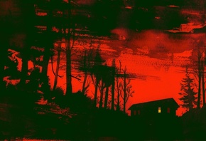 red, cabin in the woods, twilight