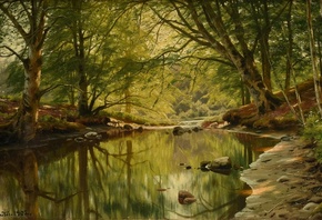 Peder Mork Monsted, Danish, 1902, Forest Landscape with Reflective River