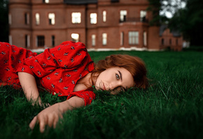 women indoors, model, women, redhead, grass, red dress