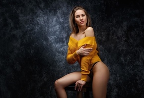 Sergey Sorokin, women, model, blonde, women indoors, studio, yellow sweater ...