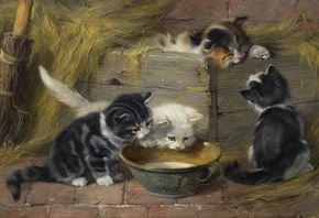 Julius Adam Younger, German, Four cats with a dish of milk