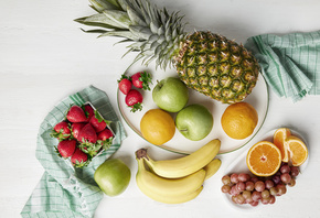 fresh fruit, pineapple, apples, strawberries, bananas