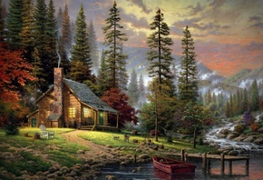 chimneys, stream, pier, forest, trees, painting