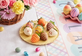 Easter, Chocolate Strawberries, Flower Bouquet