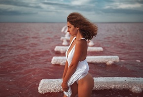 Grigoriy Lifin, women, model, beach, brunette, beach, sea, white panties, p ...