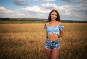 Dmitry Shulgin, women, model, brunette, women outdoors, grass, field, nature, landscape, jean shorts, sky, clouds