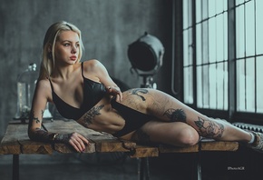 tattoo, women indoors, hips, women, model, blonde, on table, black lingerie ...