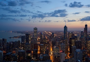 city, lights, USA, Chicago, lllinois, twilight, skyline, sky, sunset, night ...