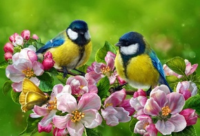 , , ,  , , art, flowers, birds, spring, flowering branch, tits
