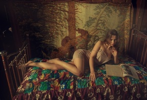 , , , , , , , , , , girl, nightie, pose, reading, retro, legs, bed, blanket, journal, carpet