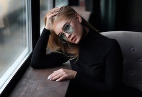 Dmitry Arhar, women, model, blonde, window, sweater, black sweater, women with glasses, glasses, looking at viewer, sitting