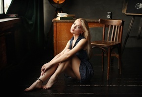 Dmitry Arhar, blonde, model, women, dress, women indoors, chair, wooden floor, ass