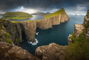 mountains, sea, water, birds, sky, Iceland, Faroe Islands, landscape