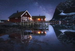water, mountains, night, reflection, houses, Norway, the Milky Way, Fjord,  ...