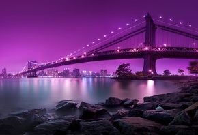 bridge, city, lights, purple, 8k