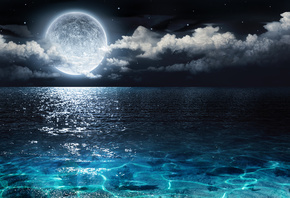 beautiful, moon, ocean, night, cloud