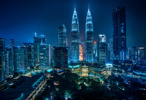 Kuala-Lumpur, Petronas Towers, skyscraper, Malaysia, city, night, lights, buildings, architecture