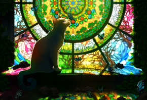 art, cat, beautiful, fantasy, butterflies, stained glass, glass, colors, pattern