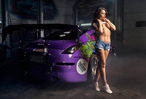 Alexandra Roz, brunette, women, model, anime car, car, purple cars, women indoors, boobs, covering boobs, jean shorts, tattoo, hips, tank top