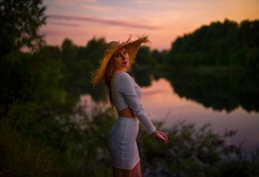 Andrew Gnezdilov, women, blonde, model, lake, women outdoors, hips, ass, straw hat, nature, trees, sky, clouds