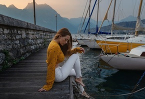 Olga Kobzar, women outdoors, boat, women, model, brunette, hips, jeans, sitting, white jeans, nature, freckles
