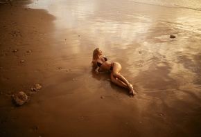 Maxim Gustarev, beach, women outdoors, blonde, women, model, bikini, black bikini, hips, ass, nature