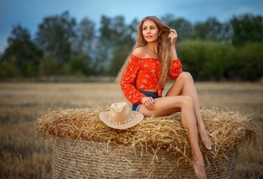 Roman Rybinsky, women, model, women outdoors, blonde, straw, field, nature, ...
