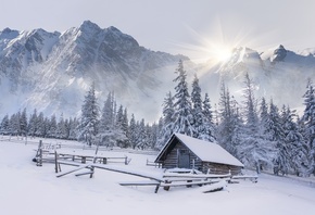 , , , , , , , , mountains, the sun, snow, forest, winter, house, tree, the snow