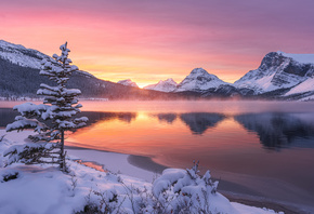lake, mountains, snow, nature, sunset, winter, landscape