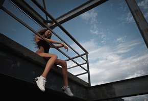 Artem Solovev, monokinis, women outdoors, hips, sky, clouds, rooftops, ass, women, model, blonde, sneakers, white sneakers