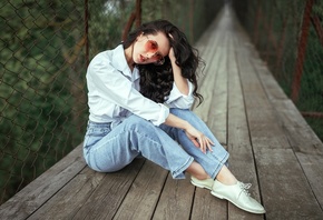 wooden bridge, women with glasses, women outdoors, jeans, white shirt, natu ...
