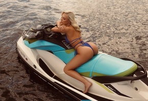 Andrey Popov, women, model, blonde, jet ski, bikini, ass, blue bikini, women outdoors, hips, water