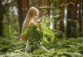 nature, plants, trees, blonde, women outdoors, model, women, white dress, forest, girl