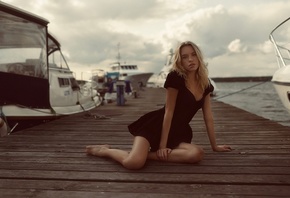 Andrey Popov, women outdoors, boat, sky clouds, black dress, nature, blonde, model, women, girl, water, looking at viewer