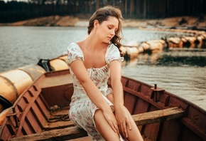Disha Shemetova, boat, summer dress, women outdoors, lake, nature, trees, pine trees, brunette, model, women, sitting