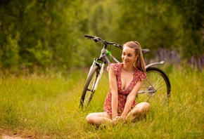 Andrey Solod, summer dress, women, model, brunette, women outdoors, grass, nature, bicycle, field, trees
