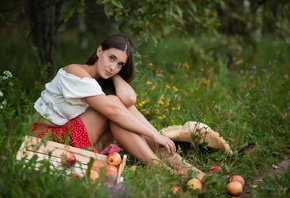 Andrey Solod, nature, women outdoors, grass, flowers, red skirt, apples, women, model, brunette, trees, sitting, straw hat, field