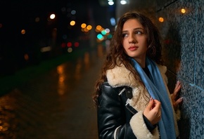 , bokeh, public, night, brunette, model, leather jacket, women outdoors, women, scarf, blue scarf, street