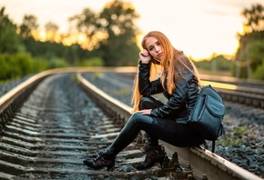 , railway, women, women outdoors, leather clothing, leather pants, leather jacket, trees, sky, backpack, redhead, nature, model, sitting, long hair