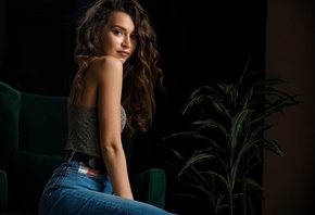 , jeans, blouse, sitting, women indoors, armchair, women, model, bru ...