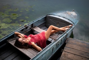 Dmitry Shulgin, , brunette, women outdoors, boat, summer dress, red dress, lake, closed eyes, women, model, water, nature