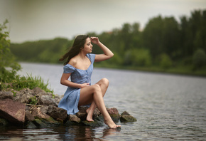 Vladimir Lapshin, , river, lake, water, nature, model, brunette, women outdoors, sky, clouds, trees, blue dress, rocks, legs, black hair