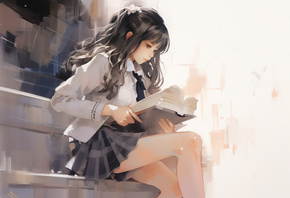 , AI Art, brunette, schoolgirl, school uniform, books, digital art