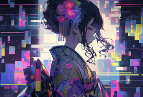 , AI Art, brunette, kimono, digital art, Asian, abstract, colorful,  ...