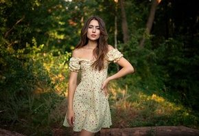 Dmitry Shulgin, summer dress, , nature, brunette, outdoors, plants, trees, bare shoulders, forest, model, looking at viewer, standing