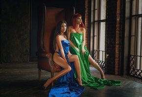 models, sexy, brunette, red hair, blue sheet, green sheet, chair
